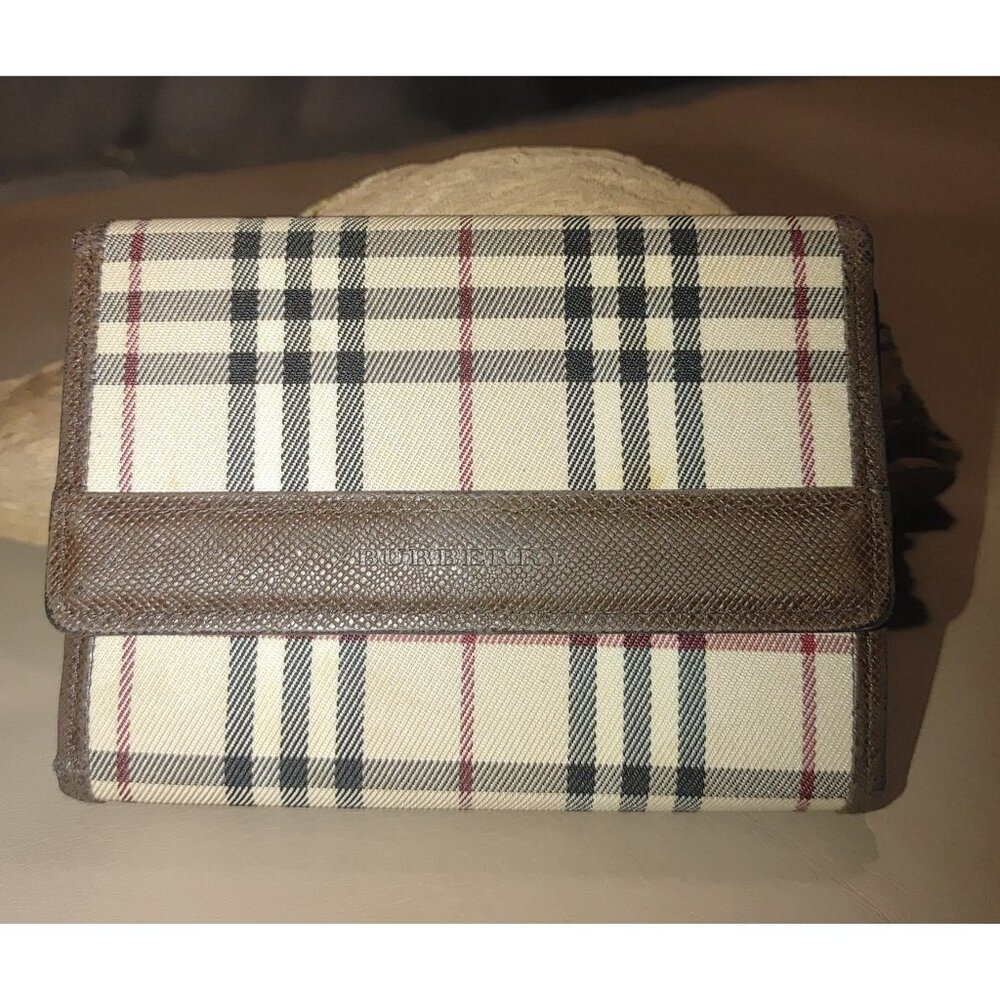 Burberry Nova Wallets Vintage Checkered Brown Coin Pouch Tri Fold Card Slots